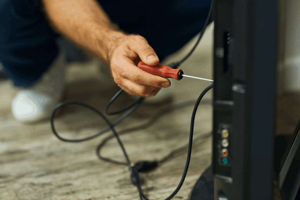 Homem instalando na TV uma antena digital da Casas Bahia