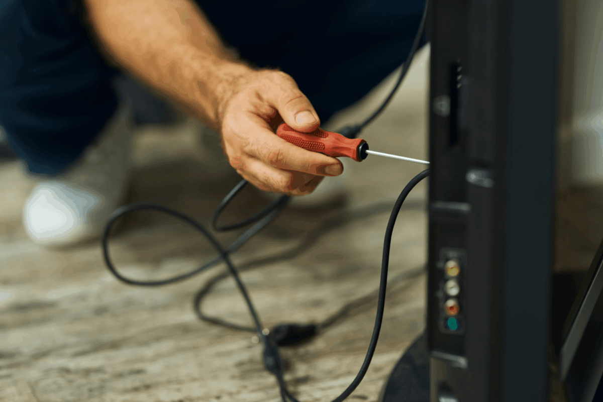 Homem instalando na TV uma antena digital da Casas Bahia