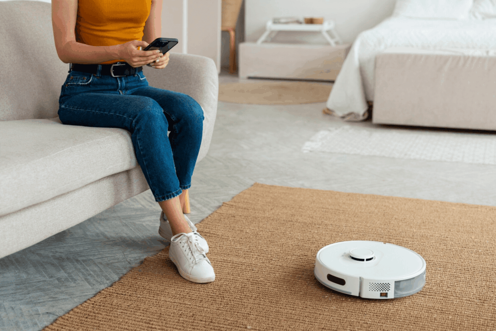 mulher com aspirador robô na sala