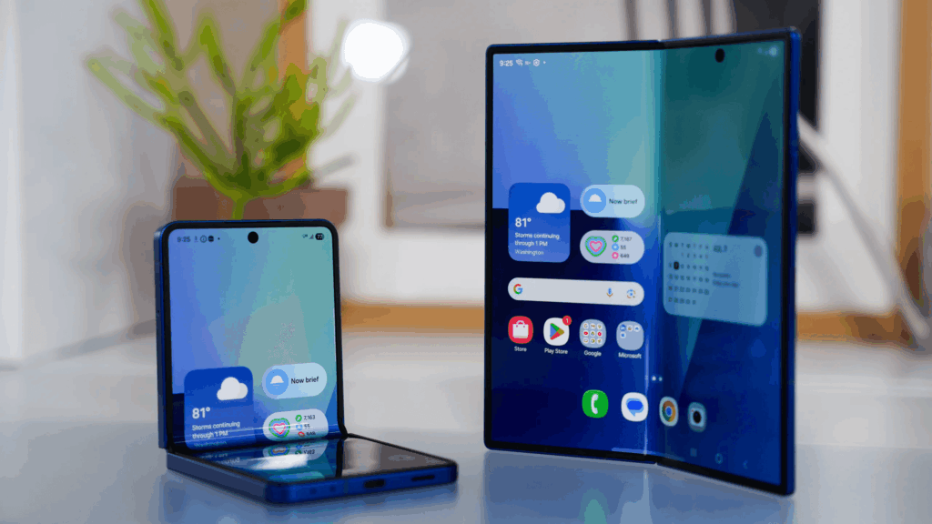 2 celulares Galaxy Z Fold7 Fold FE azul em lançamento casas Bahia