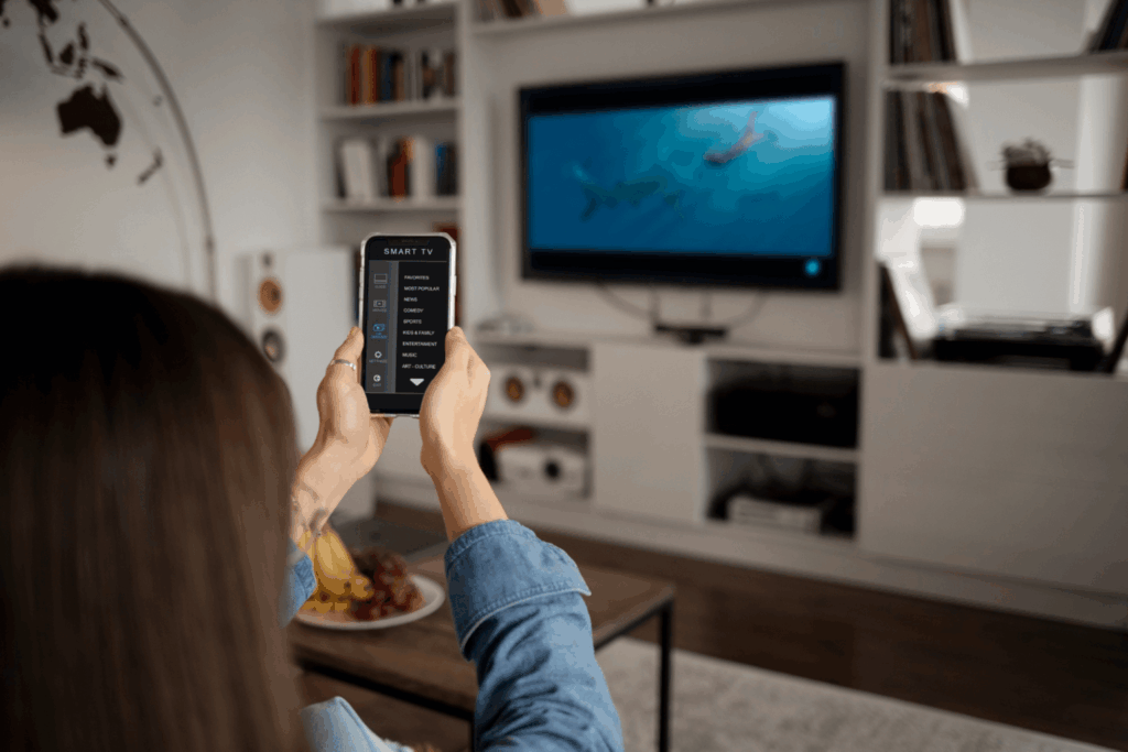 Mulher assistindo à TV OLED da Casas Bahia