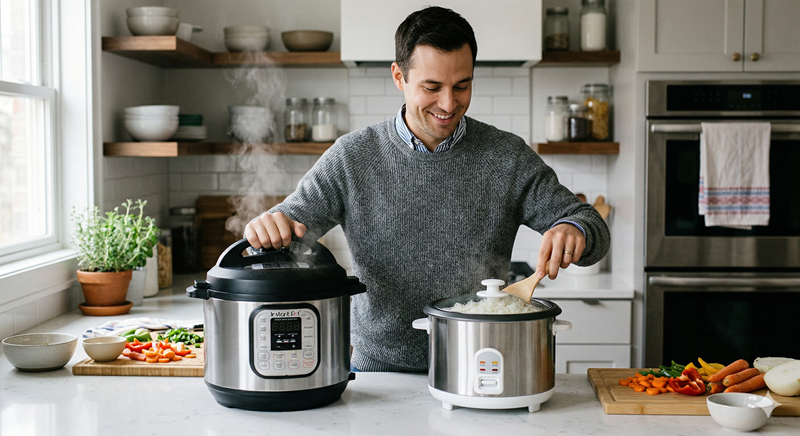 Qual e a diferenca da panela de pressao eletrica e uma panela eletrica de arroz