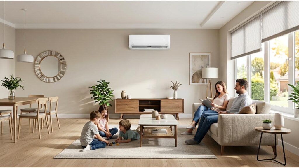 Uma família relaxando em uma sala de estar moderna e ensolarada, climatizada por um ar-condicionado split utilizando a calculadora de btus. No ambiente com piso de madeira clara e móveis contemporâneos, uma mulher lê no sofá enquanto duas crianças brincam sobre um tapete felpudo. Ao lado, grandes janelas de vidro mostram um dia ensolarado com árvores ao fundo, mantendo o interior fresco e agradável.