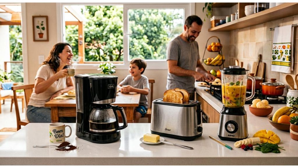 Cena de cozinha com família, achados de eletrodomésticos e eletroportáteis no balcão